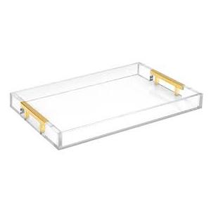 12"x12" Clear Acrylic Serving Tray with Golden Handles, Sturdy Huge Capacity Acrylic Trays for Coffee, Juice, Kitchen and Desk Organizer, Storage Tray (12"x12")