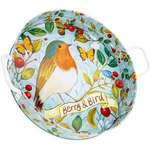 Berry&Bird Galvanized Metal Serving Tray with Handles, Round Metal Tray 14.97''D for Serving Indoor & Outdoor, Decorative Tray for Garden, Kitchen, Pantry, Wedding, Christmas, Easter (Green Robin)