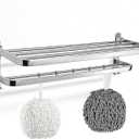 Bathroom Towel Storage Bundle: Double Foldable Rack & 2 Fluffy Hand Towels - SUS304 Stainless Steel Shelf with Super Absorbent Quick-Dry Towels, Gray & White
