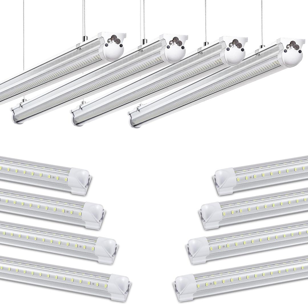 Skymoatled 8Pack 4FT LED Shop Light Garage Lights,50W 5000K/Daylight White 7550LM,Hanging/Surface Mount,Plug and Play,Linkable LED Shop Lights,T8 4FT Tube Light for Warehouse Workshop Basement