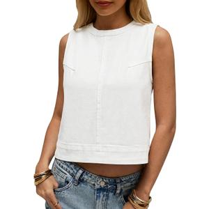 Cicy Bell Womens Denim Tank Tops Crew Neck Summer Casual Sleeveless Shirts Cropped Loose Fit Jean Vests (Large, White)