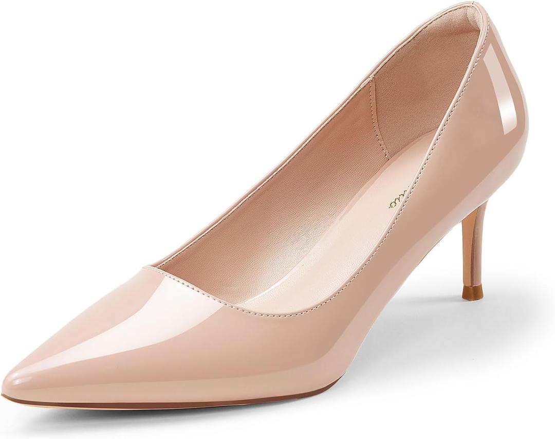 GENSHUO Low Heel Pumps for Women Closed Toe Slip On Stillettos Heels Dress Shoes (9, Patent Nude)