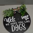 Interchangeable Wooden Seasonal Welcome Sign, Rustic Round Dogs Sign Front Door Wreaths for Home/Wall/Porch Decor, for Easter Spring Summer Fall Halloween Christmas All Season Decorations (Black)