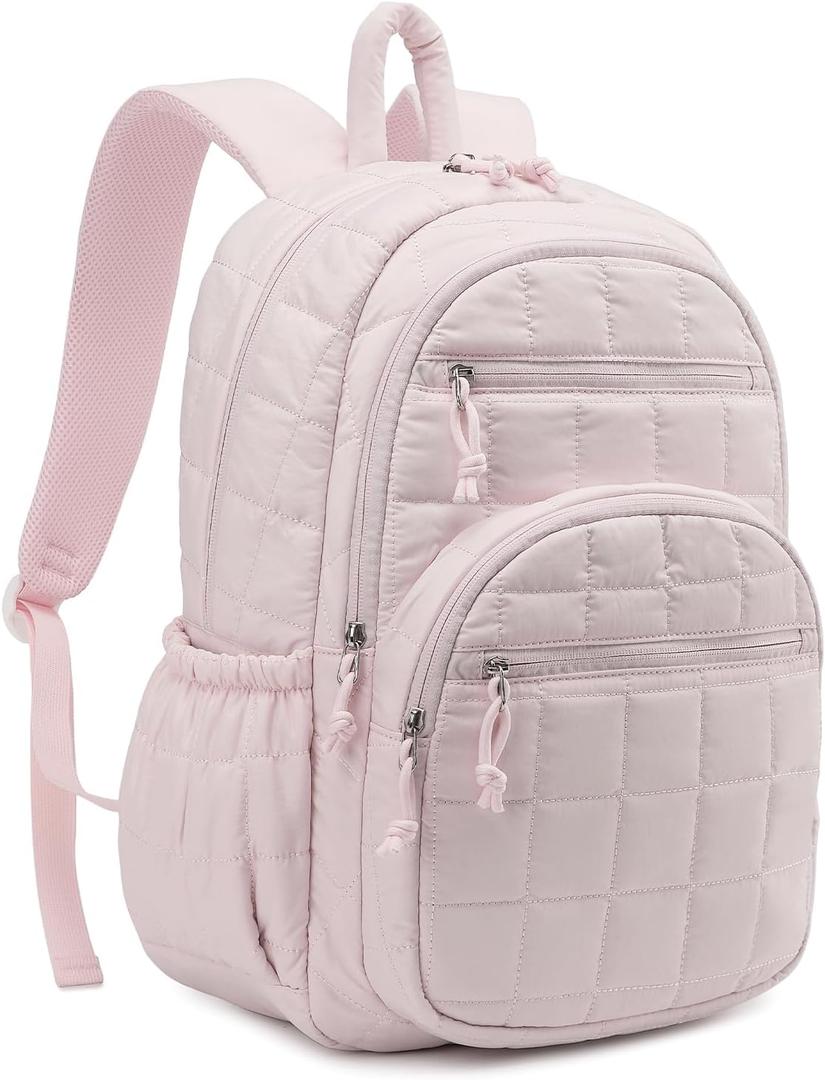 Bookbag for Women, Teen Girls Backpack for High School College Student, Puffer Quilted Back Pack Cute Laptop Backpack 17.3in for Work Travel Mom Casual, Pink