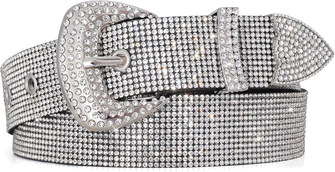 WHIPPY Rhinestones Leather Belts for Women Disco Bling Studded Belt for Jeans Pants Western Cowgirl Shiny Waist Belt (Silver, M)