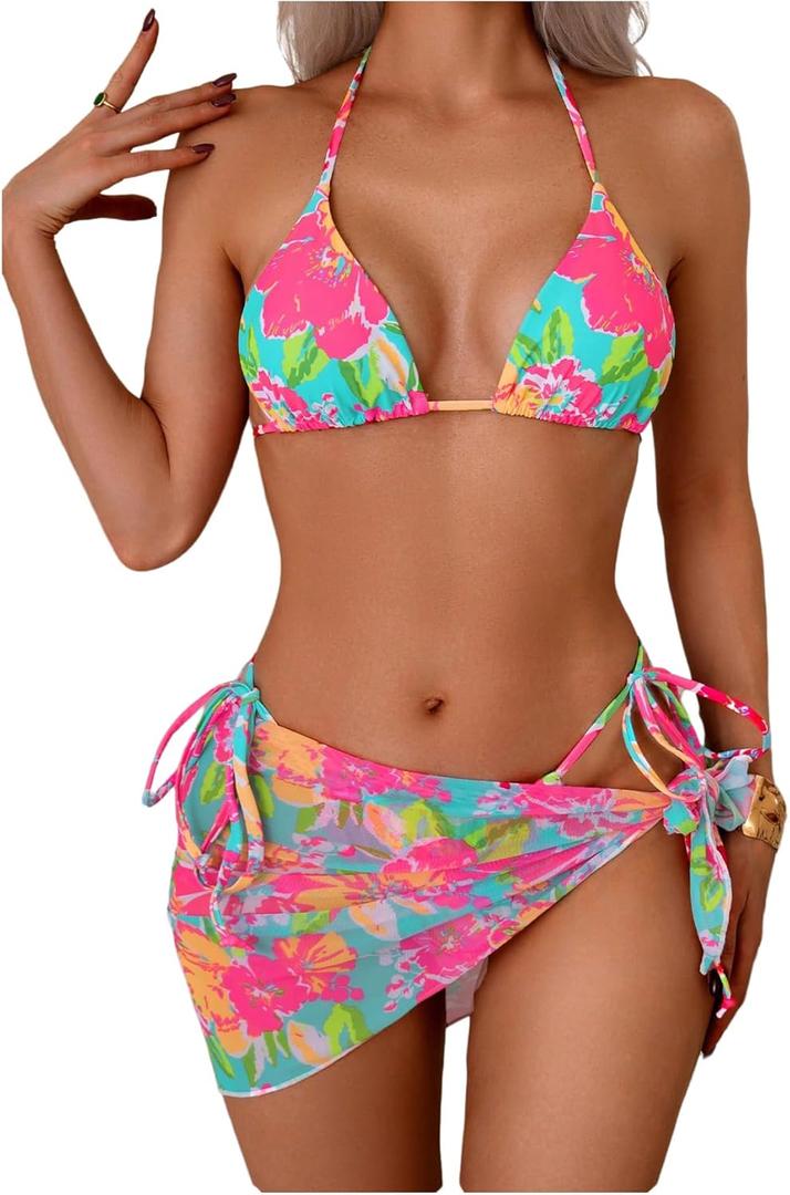Milumia Women's Women's 3 Piece Swimsuits Halter Triangle String Bikini Set Tie Side Bathing Suit with Mesh Beach Skirt (Medium, Multicolor) Milumia Women's Women's 3 Piece Swimsuits Halter Triangle String Bikini Set Tie Side Bathing Suit with Mesh Beach Skirt (Medium, Multicolor)