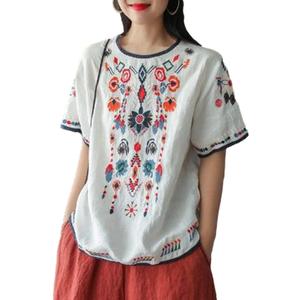 SeekMe Women's Cotton Linen Tops Embroidered Short Sleeve Peasant Boho Mexican Tunic Top Festival Casual Loose T Shirt (Large)