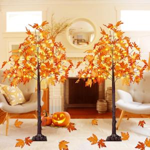 Pack of 2, 4FT 100LED Artificial Lighted Maple Tree, Fall Decor for Home, Maple Tree with Timer Function Prelit Fall Decorations Warm White Light for Indoor Outdoor Autumn Harvest Halloween Thanksgiving