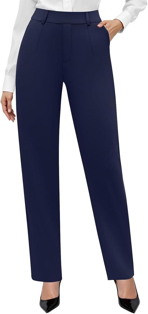 DLOODA Stretchy Work Pants Women High Waisted Pull On Dress Pants Office Business Casual Slacks with Pockets Navy Blue Meduim