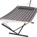 SUNCREAT Hammock with Stand 2 Person Heavy Duty, Freestanding Hammock with Spreader Bar, Soft Pillow, Gray Stripes