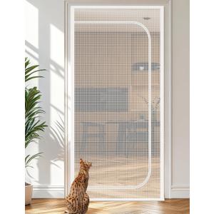 BFNN Cat Screen Door, Extra Tall Cat-Proof Mesh Gate, Fit Door Size 32'' x 80'', Anti-Cat Scratch Mesh with Zipper Closure, for Living Room, Kitchen, Bedroom (White) (35.4" W x 83.5" H)