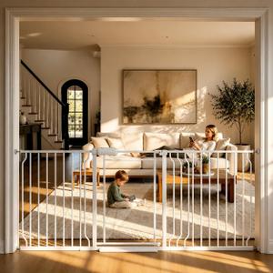 Clear Acrylic Extra Wide Baby Gate and Dog Gate, 67-75 in Wide Clear panel keeps rooms visually open while creating an indoor boundary for babies and dogs; pressure mounted, no drilling, 30.5"Tall, 67”-75“Wide