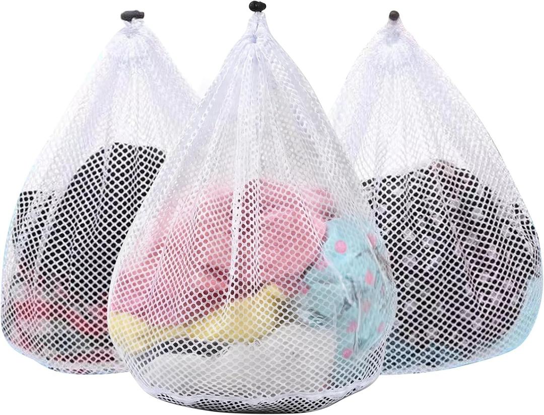 3Pcs Mesh Laundry Bags Washing Machine Mesh Wash Bags Jumbo for Delicates Clothes,Bed Linen,Toys with Drawstring Closure Sturdy(3 XXLarge 28 x 26 Inches) (White)