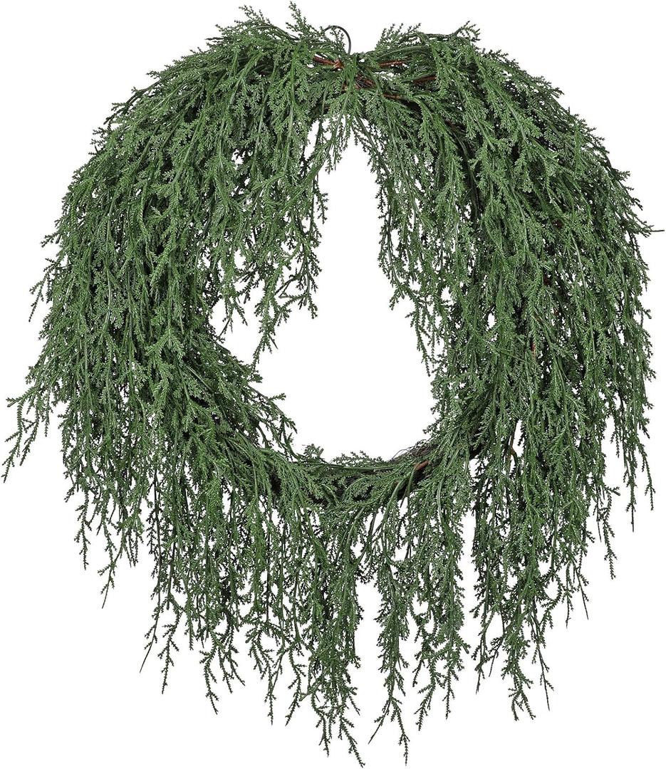 Real Touch Cedar Wreath 24 inch for Front Door Droop Faux Cedar Winter Christmas Wreaths Window Wreath Artificial Draping Pine Plant Green Large for Mantle Wall Indoor Outdoor Xmas Decoration