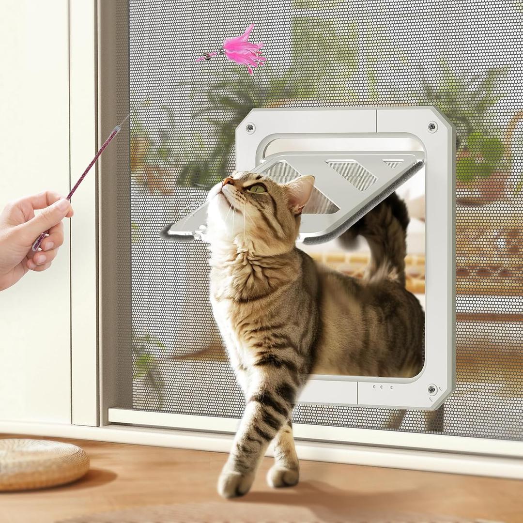 LIBBEPET Cat Door for Screen Door, Lockable Cat Screen Door for Cats & Small Dogs Up to 20 lbs, Magnetic Flap Opening 7 x 9 inches, Equipped with Interactive Cat Toy & Installation Tools, White