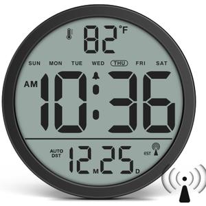 WallarGe Atomic Wall Clock - Never Needs Setting, Digital Wall Clock Battery Operated with Date, Temp, DST, Self-Setting Time, Easy to Read 8 Inch Display for Bedroom, Living Room, Home, Office