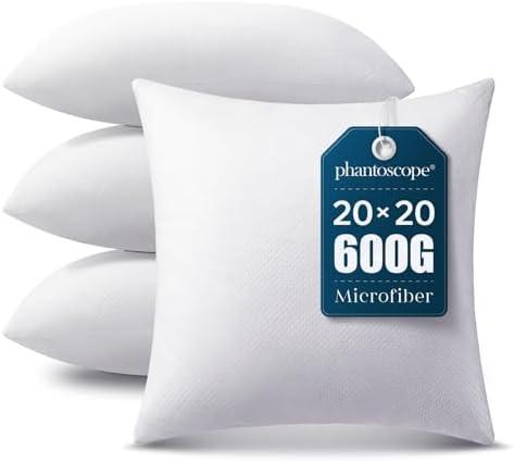 Phantoscope Pillow Inserts, Hypoallergenic 100% Virgin Fiber Square Form Microfiber Throw Pillow Inserts, Couch Bed Pillows, 20x20 Inch (Pack of 4)