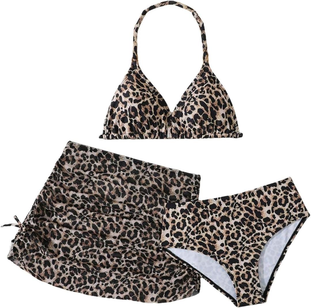 Floerns Girl's 3 Piece Swimsuit Cheetah Halter Bathing Suit and Beach Skirt Set (Brown)