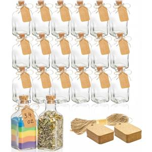 ZOOFOX 20 Pack Glass Bottles with Cork Stoppers, 3.4 oz Small Vintage Style Favor Jars, Clear Empty Cork Bottles for Party Favors, DIY Crafts, Extra Tags and String