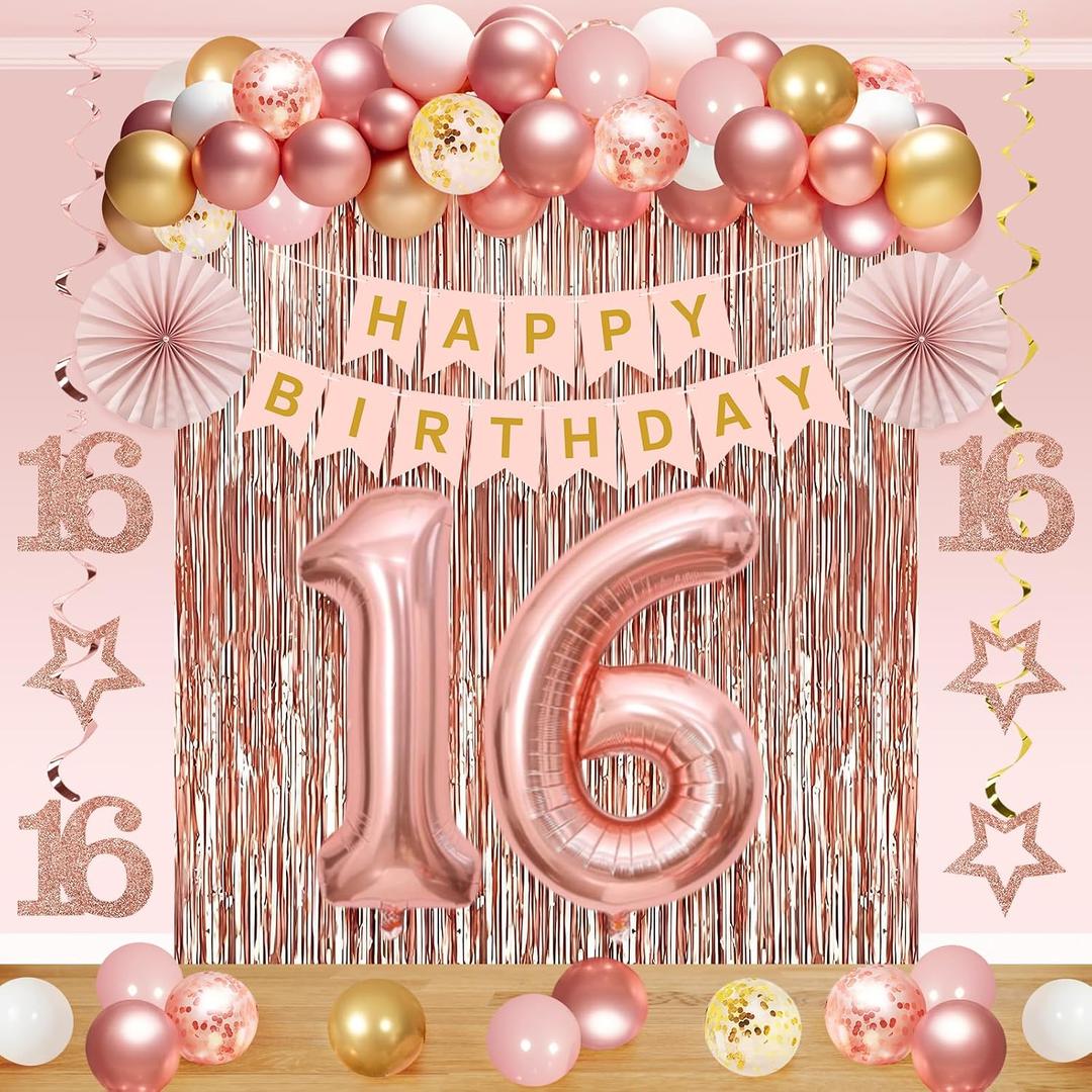 Kuxriox 60Pcs 16th Birthday Decorations Kit for Girls Women, Pink Rose Gold Happy 16th Birthday Banner, Happy Sixteen Bday Foil Fringe Curtains Balloon Arch Hanging Swirl Party Supplies