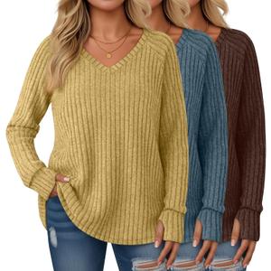 3 Pack Women's Plus Size Sweaters Long Sleeve Shirts Tunic with Thumb Holes Ribbed V Neck Casual Loose Fit Fall Top (XX-Large, Brown, Blue, Yellow)