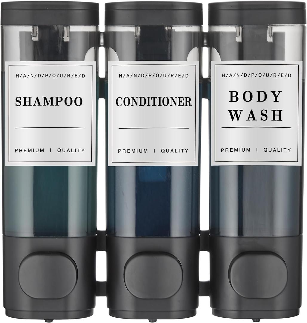 Shampoo and Conditioner Dispenser, Shower Soap Dispenser 3 Chamber No Drill Wall-Mounted Shampoo Dispenser for Shower Wall Mounted Shower Dispenser for Bathroom Hotel Large Capacity, Black