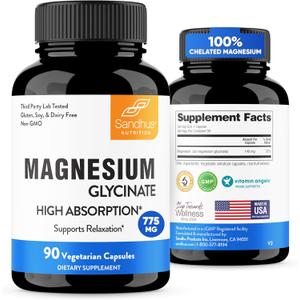 Sandhu's Superior Absorption Magnesium Glycinate 775mg|140mg Elemental Magnesium Capsules|90 Count, 90 Days Supply|Supports Restful Sleep & Muscle Health |Pure, Non GMO & Gluten Free