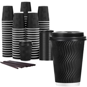 Lamosi 12 oz Disposable Coffee Cups with Lids, 50 Pack Insulated Hot Cups To Go Paper Coffee Cups with Lids and Straws, Corrugated Ripple Wall Cup for Hot Drink, Office, Coffee Bar (Black)