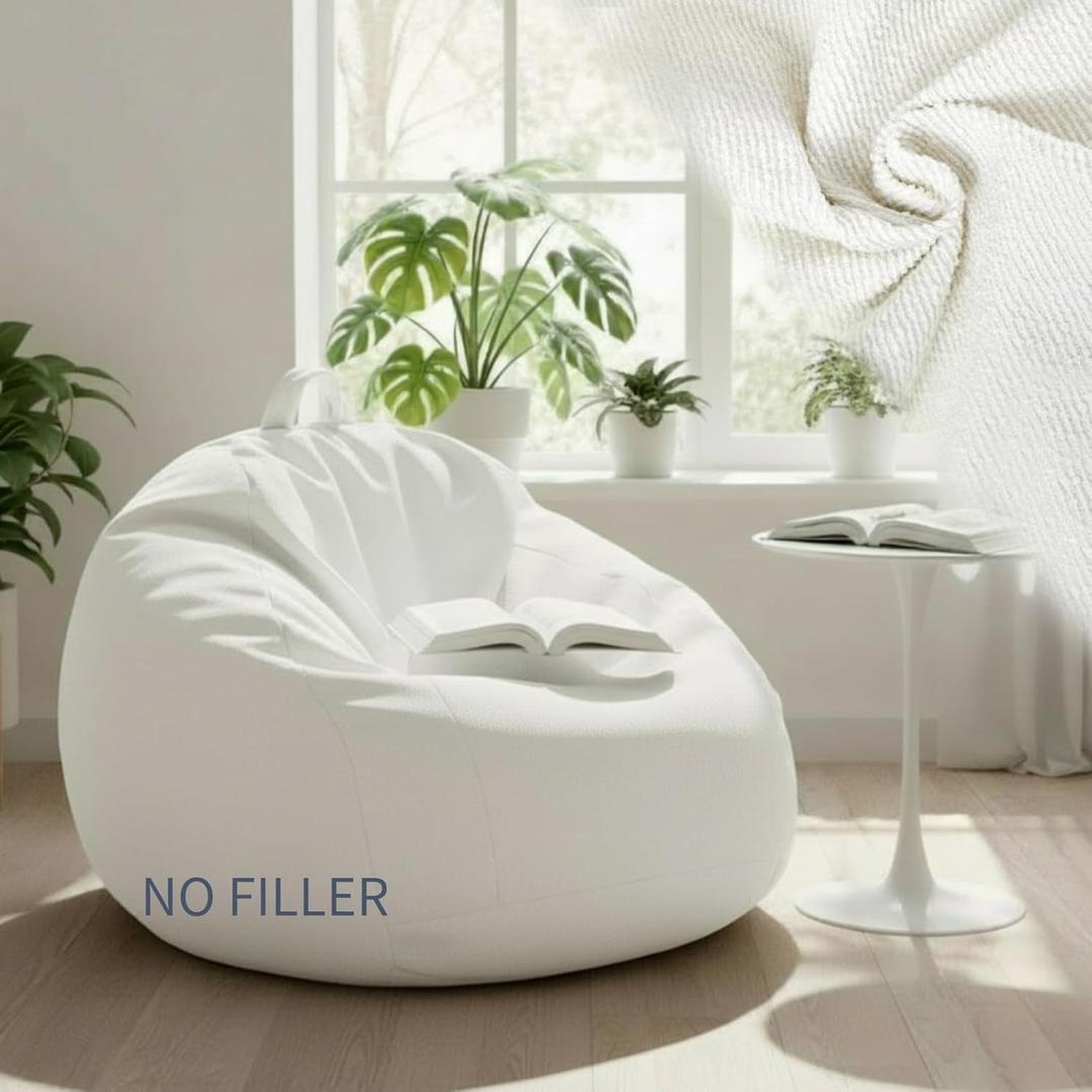 Honeydak 300l Boucle Bean Bag Cover (No Filler), Textured Stuffed Animal Storage Bean Bag Chair Cover Without Filling for Boho Room Organizing Plush Toys or Textile, 40 x 38 x 38(Creamy White)