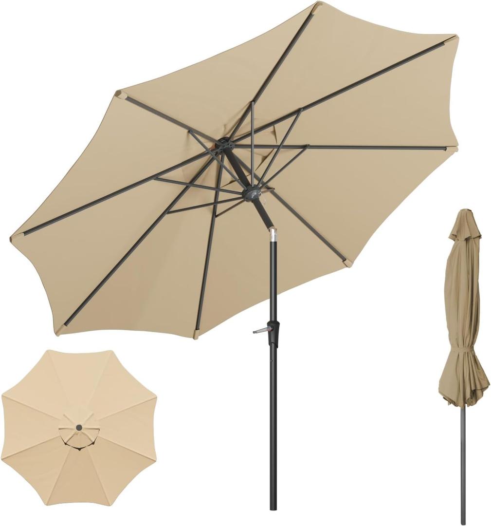 Beanss Outdoor Patio Umbrella, Table Umbrella with Push Button Tilt and Crank, 8 Ribs Market Umbrella (9FT, Beige-Steel Ribs)