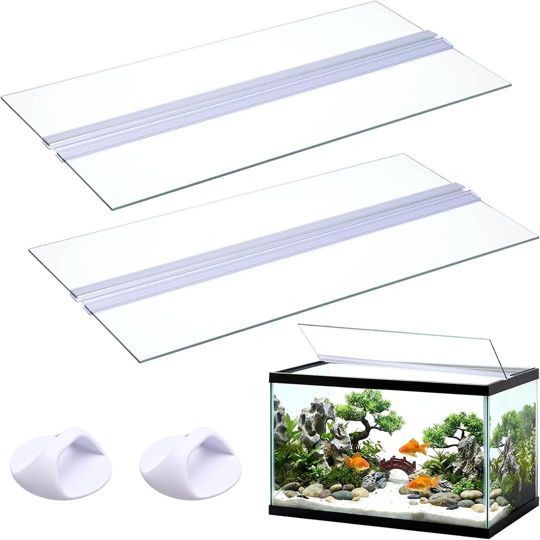 Sawysine 2 Set Aquarium Glass Canopy 19.33" x 9.65" x 0.12" Aquarium Fish Tank Lid 10 Gallon Canopy Cover with Center Brace for Fish, Clear