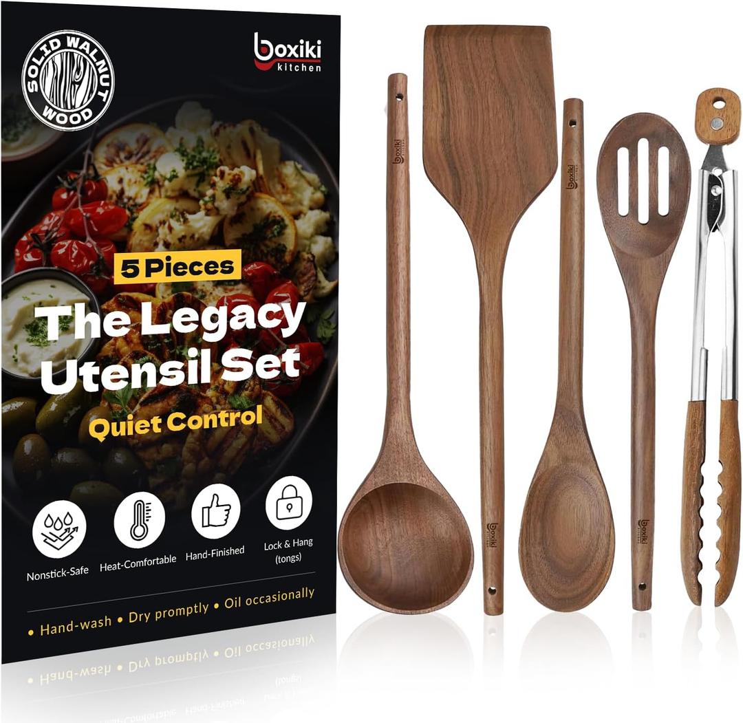 Elegant 5-Piece Walnut Wood Kitchen Utensil Set  Non-Scratch, Heat-Resistant Cooking Utensil Set with Kitchen Tongs, Spoons, Spatula & Ladle  Lightweight, Durable & Perfect for Daily Use or Gifting