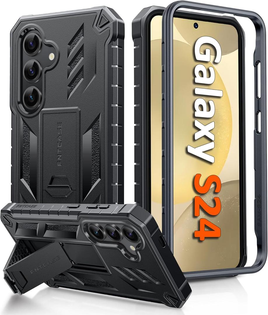 FNTCASE for Samsung Galaxy S24 Case: Military Grade Protective Cases with Kickstand | Rugged Drop Proof Shockproof Protection | Dual Layer Matte Textured TPU Phone Cover - 6.2 inches (Black)