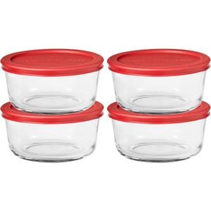 Anchor Hocking SnugFitTM Round Food Storage Containers with Lids (4-Piece, 4-cup, Red, oven-safe)