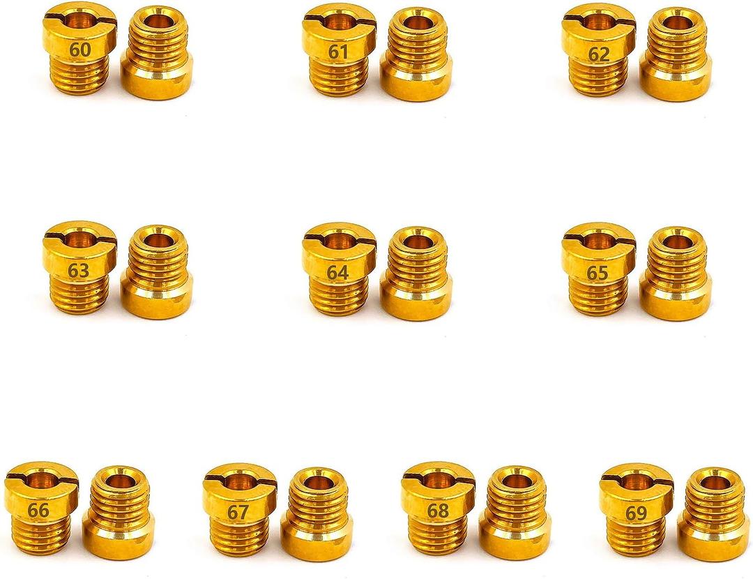 Holley Carb Carburetor 1/4-32 Main Jets set The aperture size is:60 61 62 63 64 65 66 67 68 69,10 sets in total, 2 pcs per size,Thread size: 1/4"-32 Fits Holley 2010,2300,4010,4011,4150,4160,4500