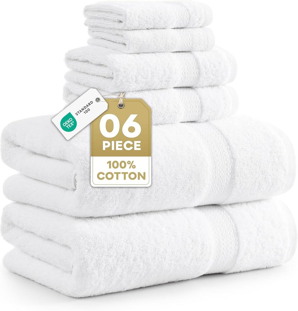 LANE LINEN 100% Cotton Bath Towel Set - 6 Pieces - Super Soft, Highly Absorbent & Quick Dry - 2 Bath, 2 Washcloths, 2 Hand Towels for Bathroom - Hotel Quality, Ideal for Spa, Gym & Travel - White