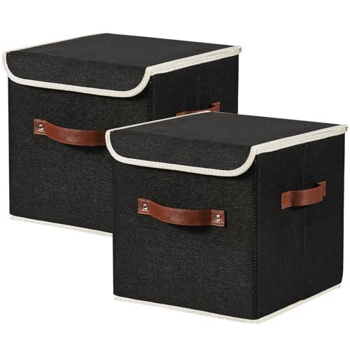 VinneGenzz 2PCS Storage Cubes with Lid Fabric Storage Bins Boxes PU Leather Handles Cotton Linen Closet Organizer Container Decorative Foldable Washable Shelf Cloth Basket (Flip-top Lid, Black, 11in)