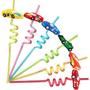 24 Race Car Party Favors Reusable Drinking Straws for Kids Boys Racecar Wheels Birthday Decorations Two Fast Party Supplies with 2 PCS Cleaning Brushes