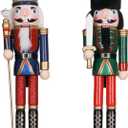 Nutcracker Christmas Decor Set of 2 15-Inch Wooden King and Soldier Blue Green Nutcracker Figure Ornaments for Table Mantel Christmas Tree Decorations
