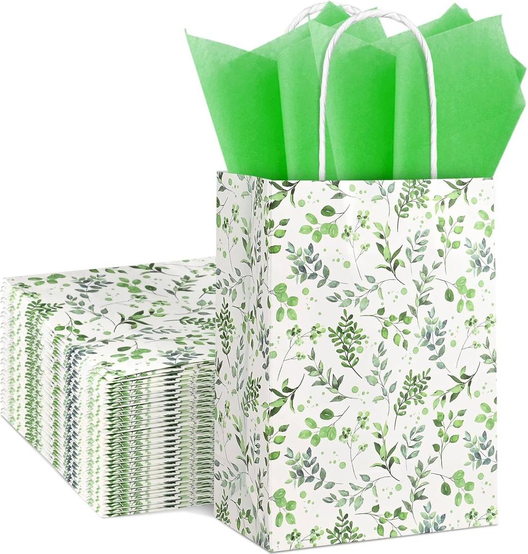 16Pack Green Leaves Paper Gift Bags with Handles, Watercolor Greenery Goodie Treat Bags for Baby Shower Bridal Shower Wedding Green Boho Themed Birthday Party Supplies