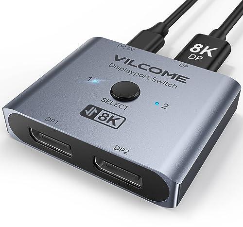 Vilcome DisplayPort Switch 8K Splitter, Plug & Play, One-Button Switching, Bidirectional Display Port Switcher Box 2 in 1 Out/ 1 in 2 Out, 8K@60Hz, 4K@120Hz, 1080P@240Hz for PC Monitor Laptop (Gray)