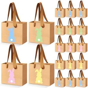 Tenceur 24 Pieces Mini Kraft Easter Gift Bags with Handle 4.72 x 3.94 x 2.36 Small Bunny Paper Treat Bags for Easter Party Favor Supplies Gifts Wrapping