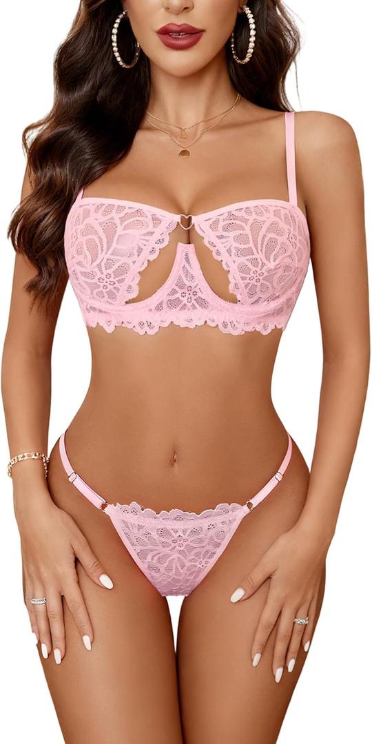 Avidlove Lingerie for Women Sexy Lace Bra and Panty Set Underwire Push Up Lingerie Sets Demi Half Cup Pink S