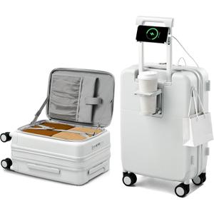 Hanke 20 Inch Expandable Carry On Luggage with Cup Holder 22x14x9 Airline Approved, Top Opening Hard Shell Suitcases with Wheels, Carry-On Travel Suitcase Trunk Luggage with Lock, Smoke White