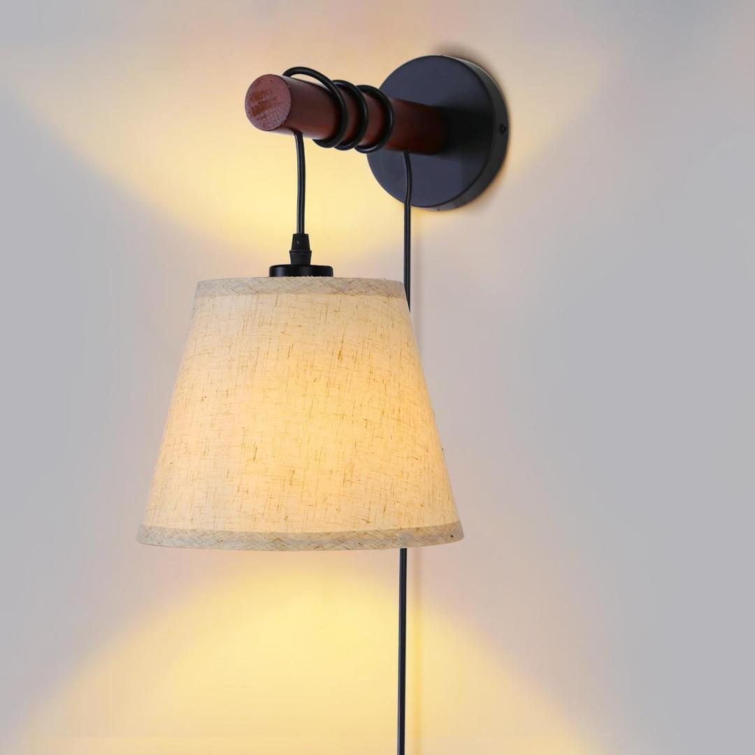 Plug in Wall Sconces, Bedside Wall Lamp with Wood Arm, Fabric Wall Light with On/Off Switch for Bedroom, Living Room, Farmhouse (1 PACK)