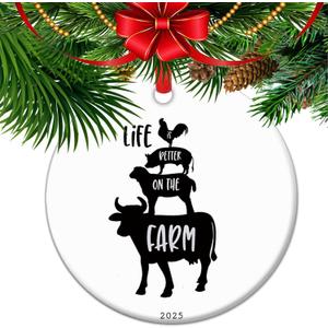 Life is Better on The Farm - Farm Animal Stack Ceramic Ornament, Cow, Sheep, Pig, Chicken Farm Christmas Ornament (C1)