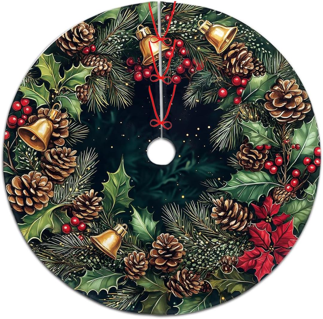 Christmas Tree Skirt 30 inch, Pinecones Bells Red Berries Holly Xmas Tree Skirt for Home Party Holiday Indoor Outdoor Decorations