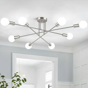 Modern Sputnik Chandelier 8-Light Industrial Ceiling Lights Fixture 32" Brushed Nickel Semi Flush Mount Ceiling Light with E26 Base Sputnik Lights Fixture for Dining Room Bedroom Hallway Living Room (8-Light(31.5''))