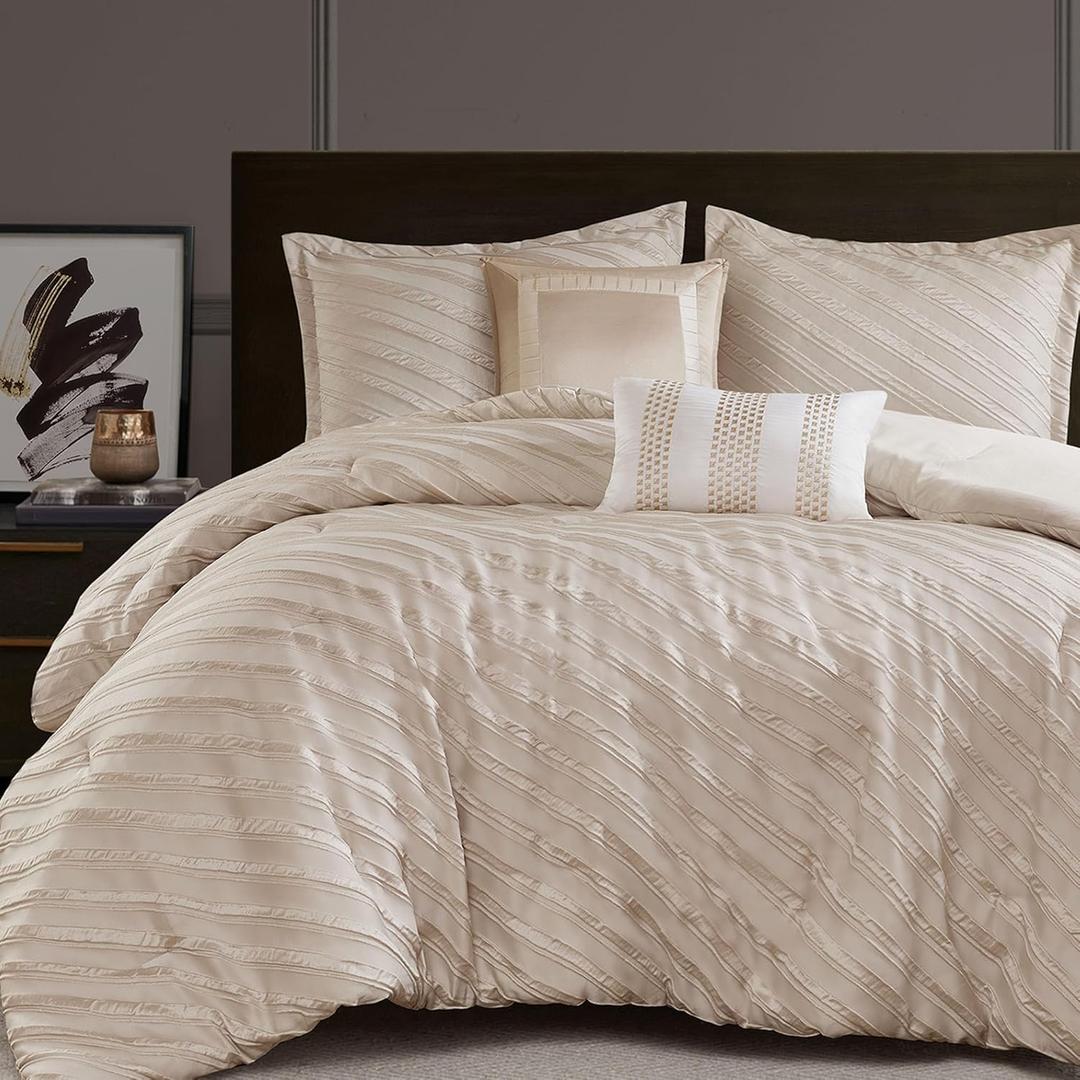 Madison Park Queen Comforter Set Raised Jacquard Texture Comforters Queen Size Bed, All Season Down Alternative Bedding Queen Size Comforter, Decor Pillows, Matching Shams, Riva, Queen Beige 5 Piece
