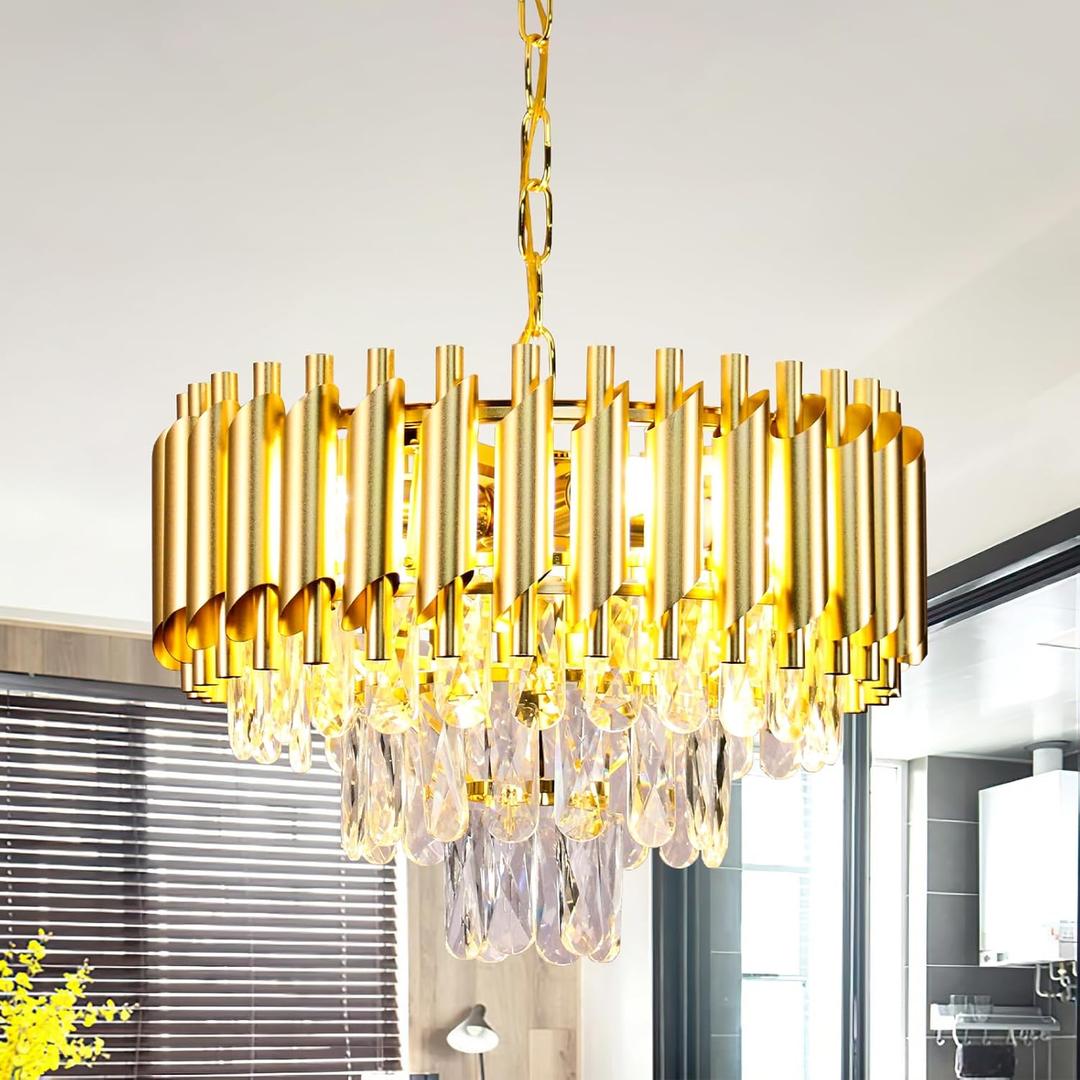 FRIXCHUR Gold Crystal Chandelier, 15.7" 3-Tier Raindrop Pendant Light, 5-Light E12 Modern Adjustable Ceiling Fixture for Dining Room Living Room Kitchen Island Foyer (16)